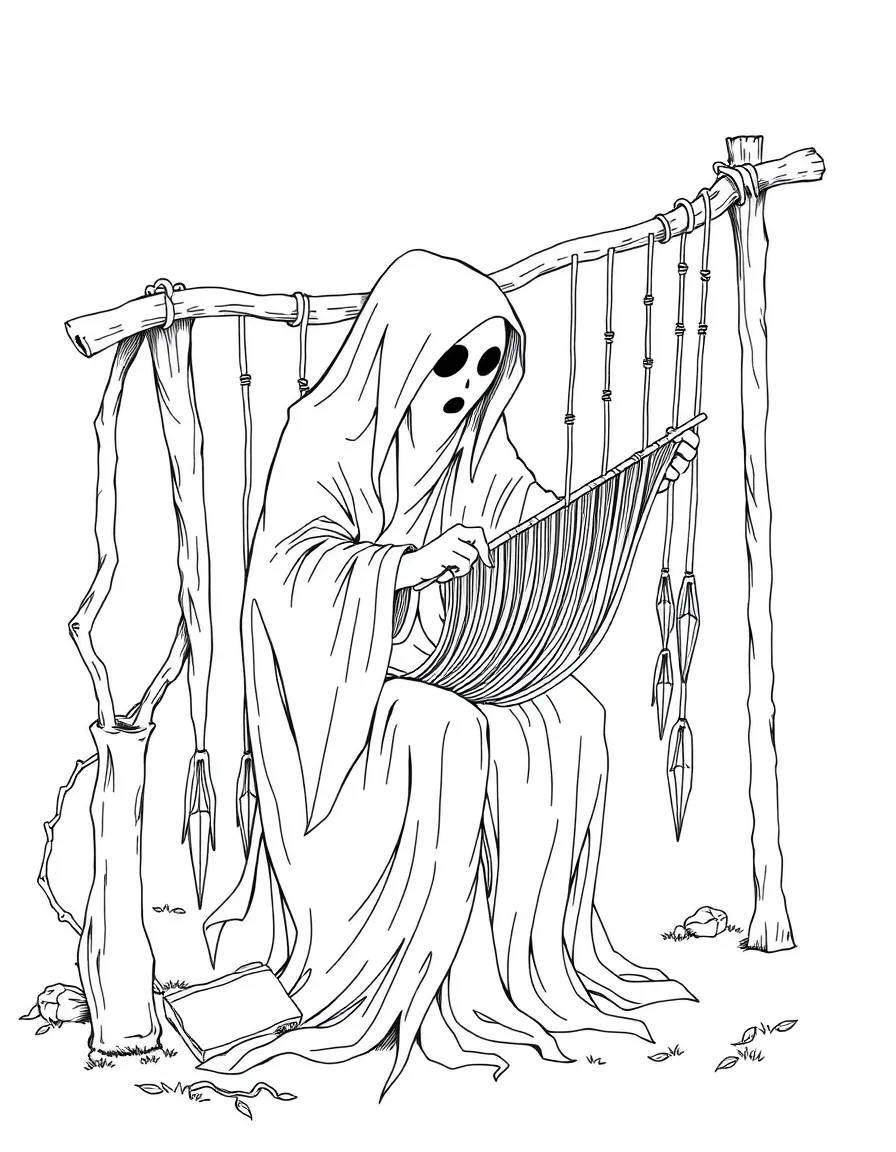 A ghost weaver creating tapestries of lost memories