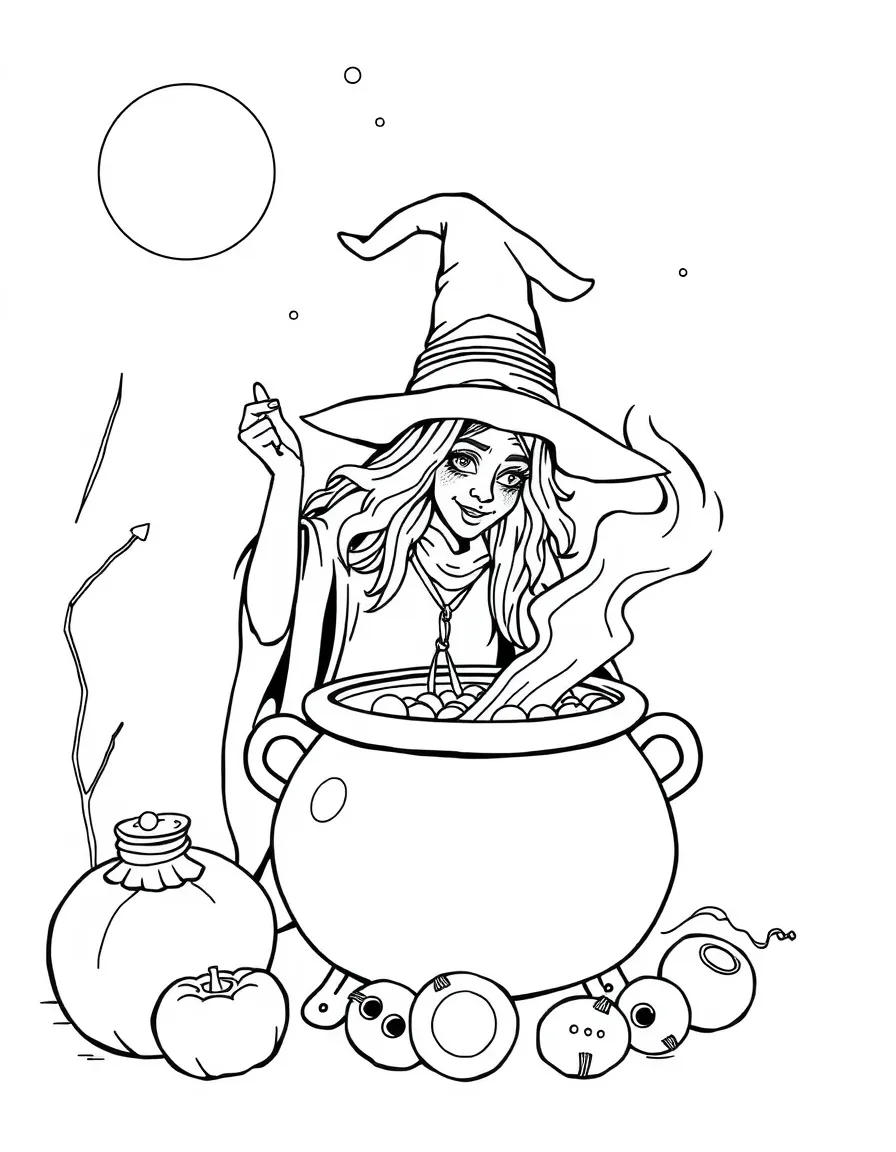 A witch brewing potions in a cauldron under moonlight