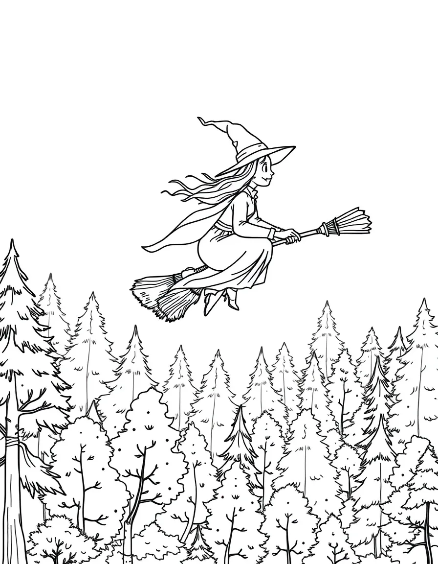 A witch flying on a broomstick over a forest of autumn trees