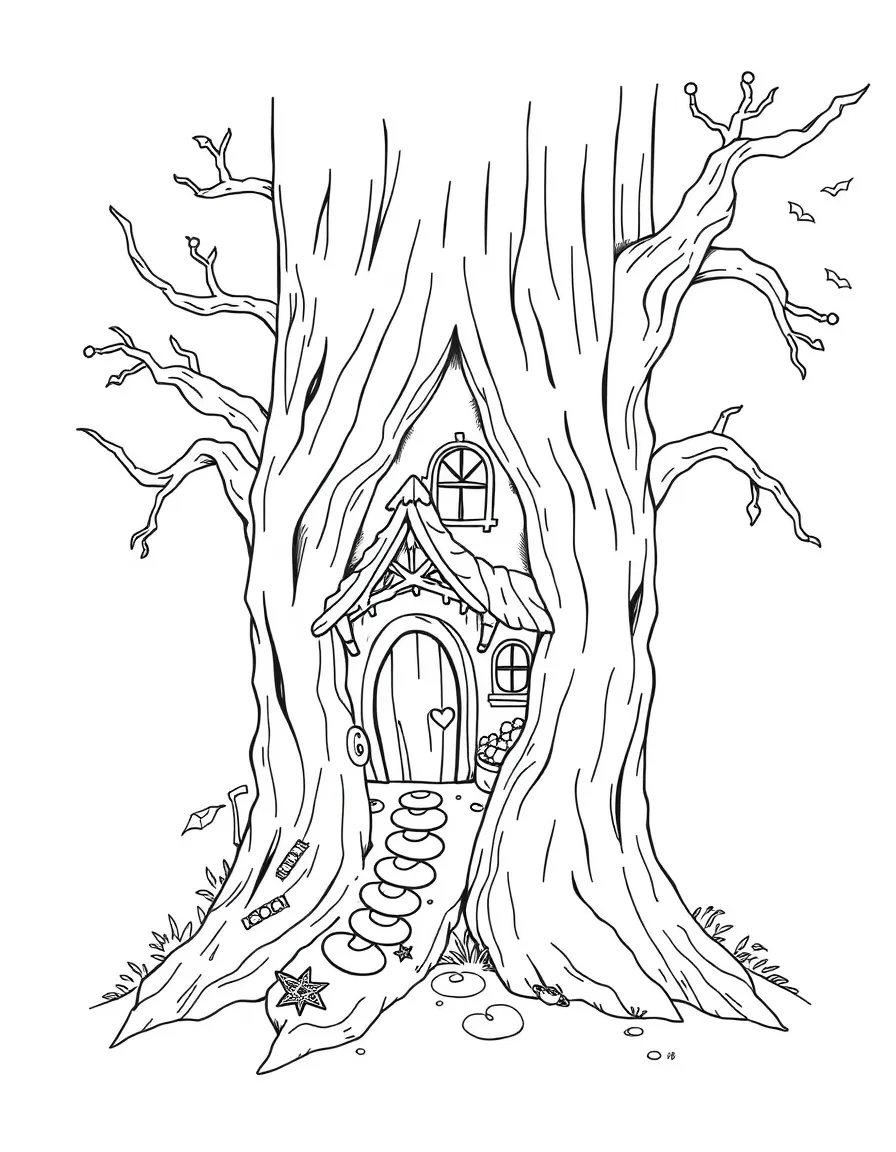 A witch's cottage hidden in a hollow tree trunk