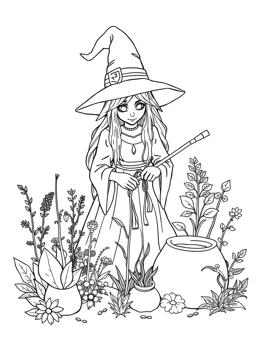 A witch gardening with magical plants and herbs