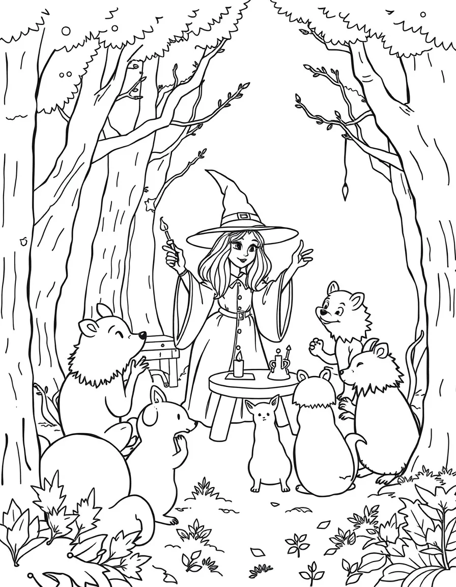 A witch teaching spells to animals in a forest classroom