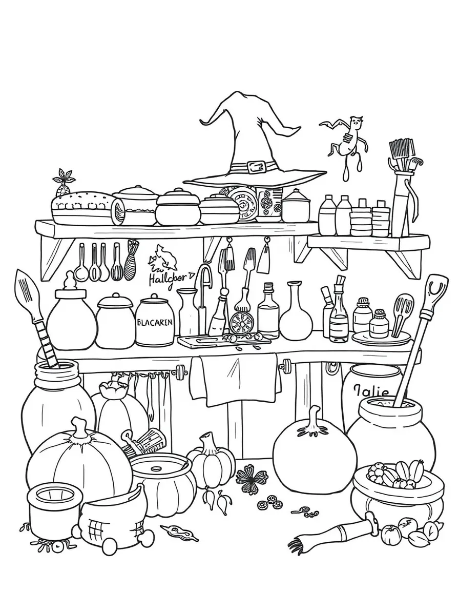 A witch's kitchen filled with unusual ingredients and tools