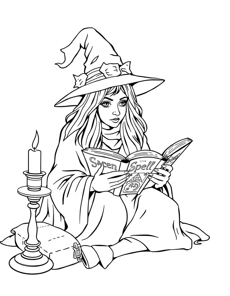 A witch reading ancient spellbooks by candlelight
