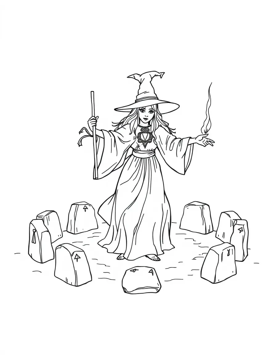 A witch performing a ritual dance in a stone circle