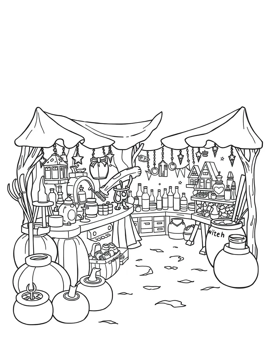 A witch's market selling magical items and potions