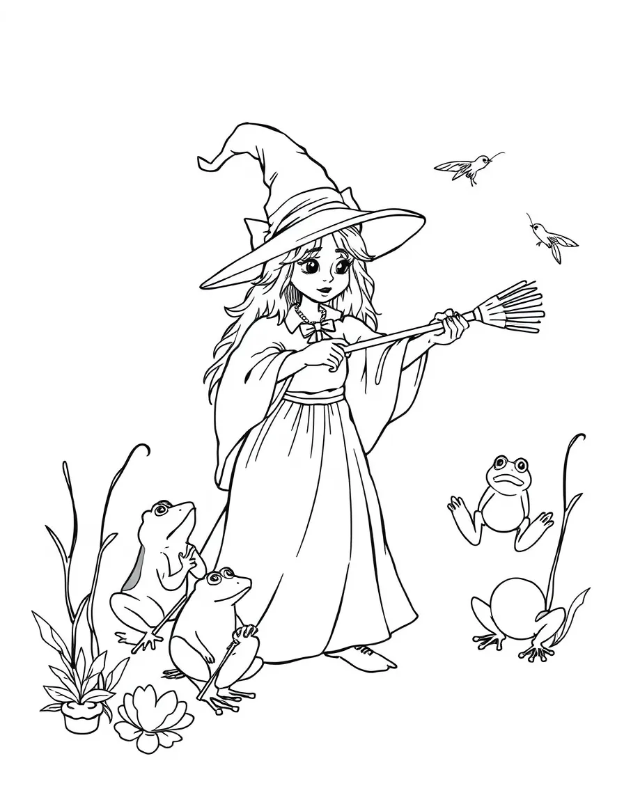 A witch conducting a symphony of frogs and crickets