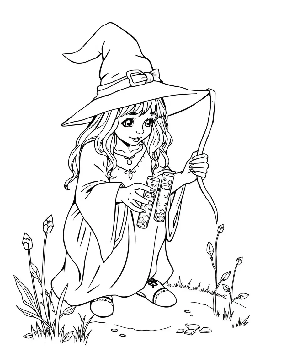 A witch collecting morning dew in tiny crystal vials