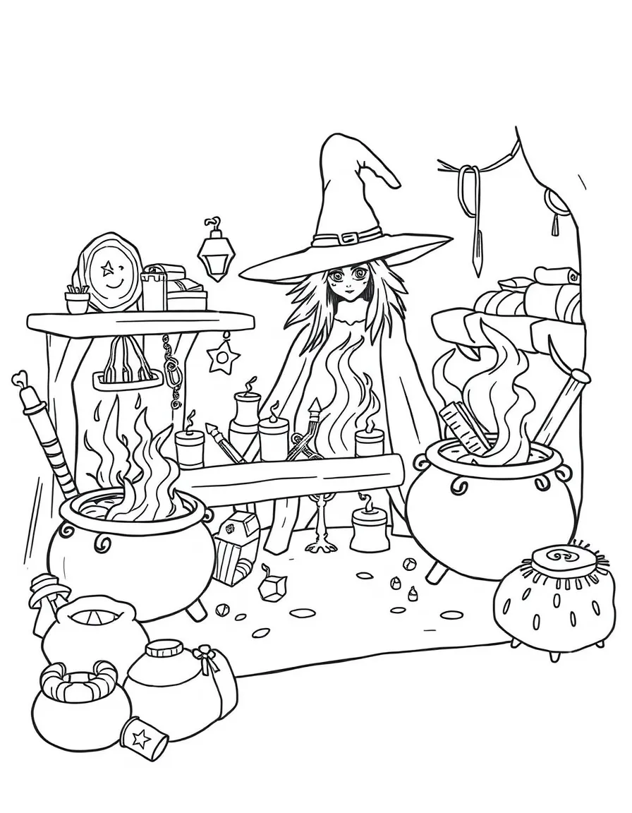 A witch's workshop with bubbling cauldrons and spell components