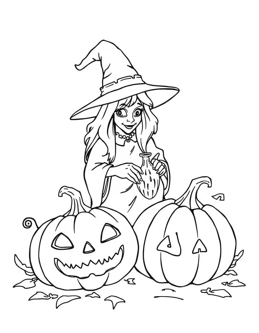 A witch carving magical symbols into pumpkins