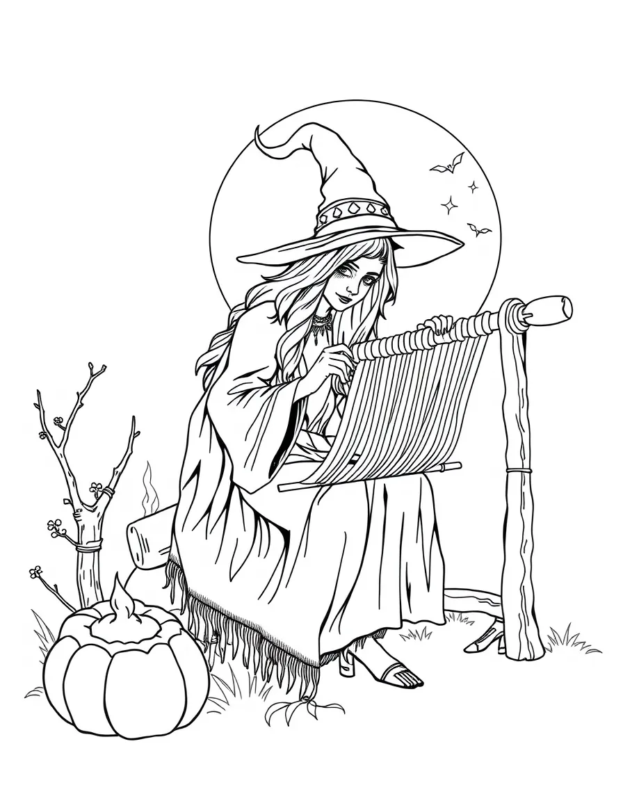 A witch weaving spells into a tapestry on a moonlit loom