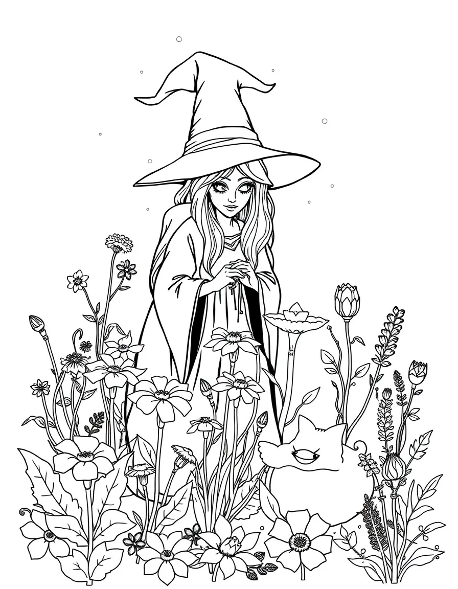 A witch tending to her garden of moonflowers and night-blooming herbs
