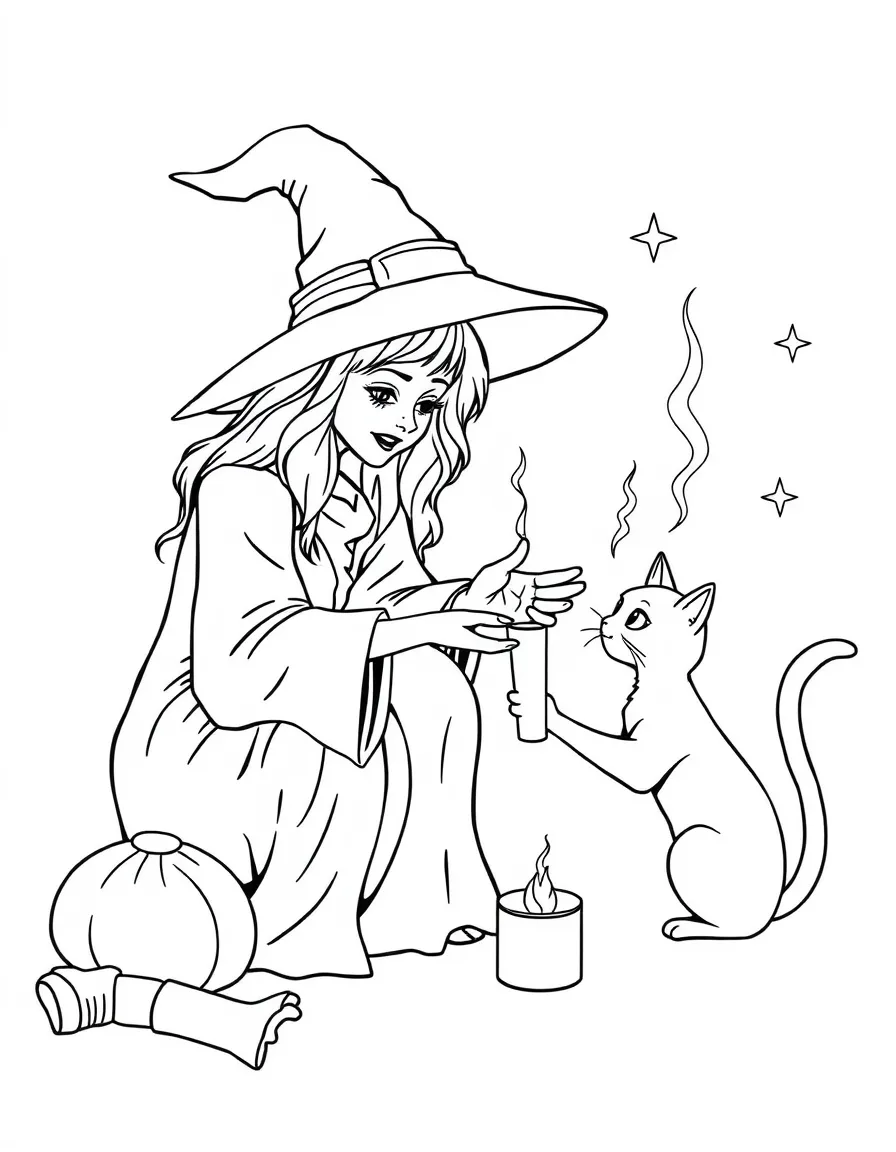A witch teaching her black cat to perform simple spells