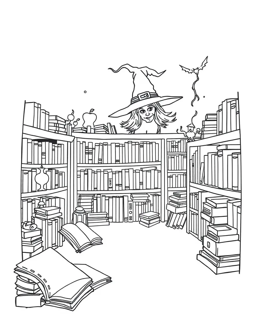 A witch's library with books that float and rearrange themselves