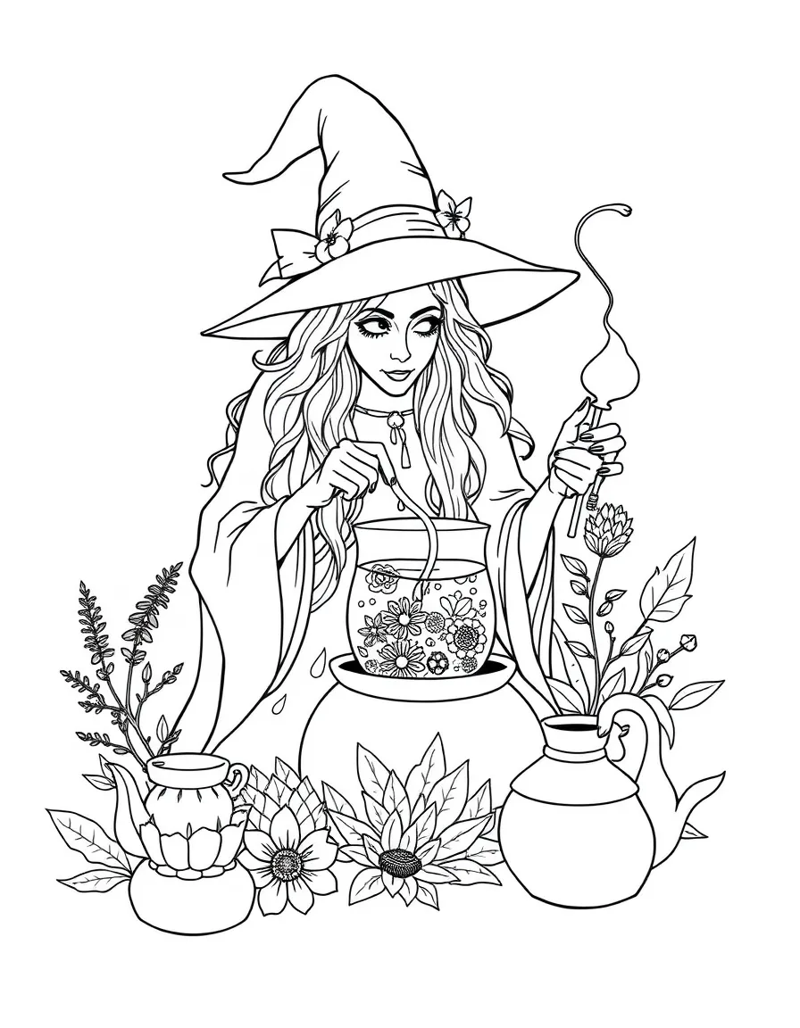 A witch brewing tea from exotic magical plants