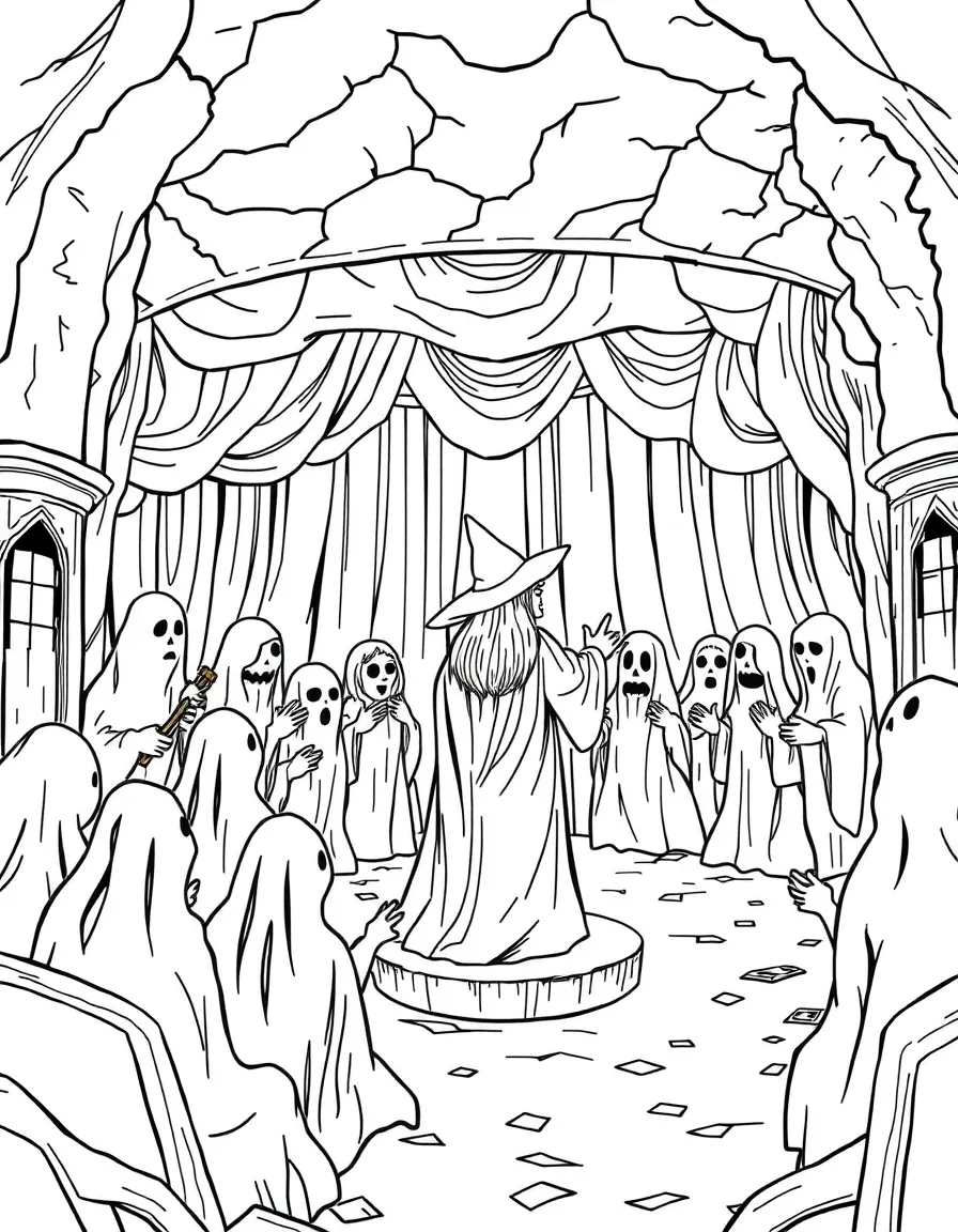 A witch conducting a choir of ghosts in an abandoned theater