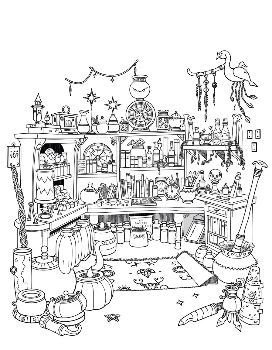 A witch's study filled with magical artifacts and curiosities