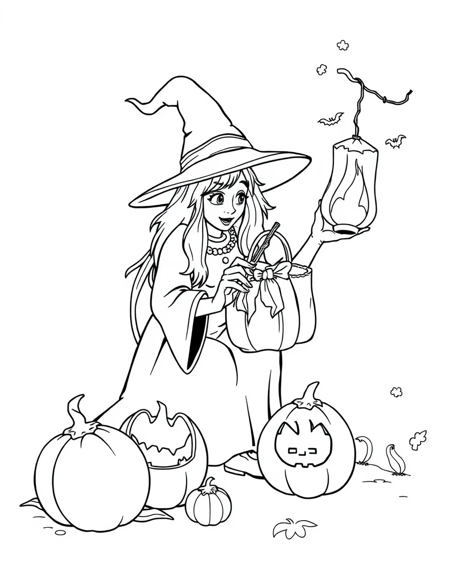 A witch creating magical lanterns from hollowed vegetables