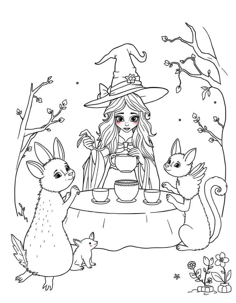 A witch hosting a tea party for woodland creatures