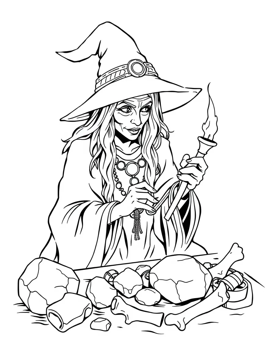 A witch crafting magical jewelry from stones and bones