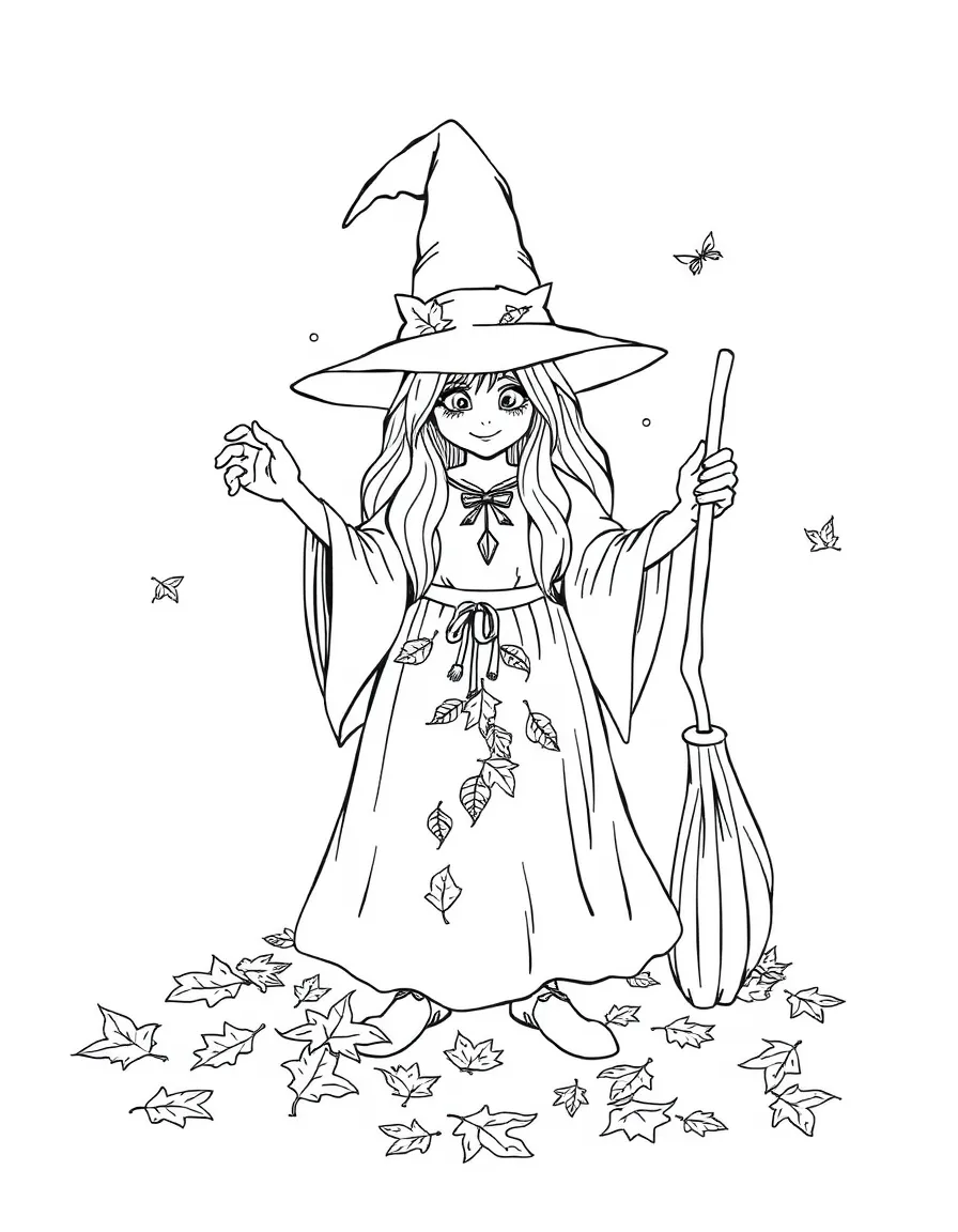 A witch telling fortunes using fallen autumn leaves