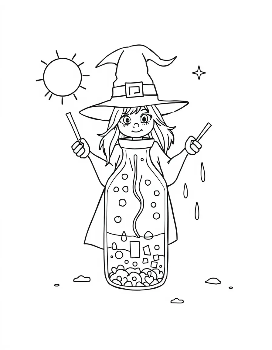 A witch brewing weather in bottles (sunshine, rain, snow)