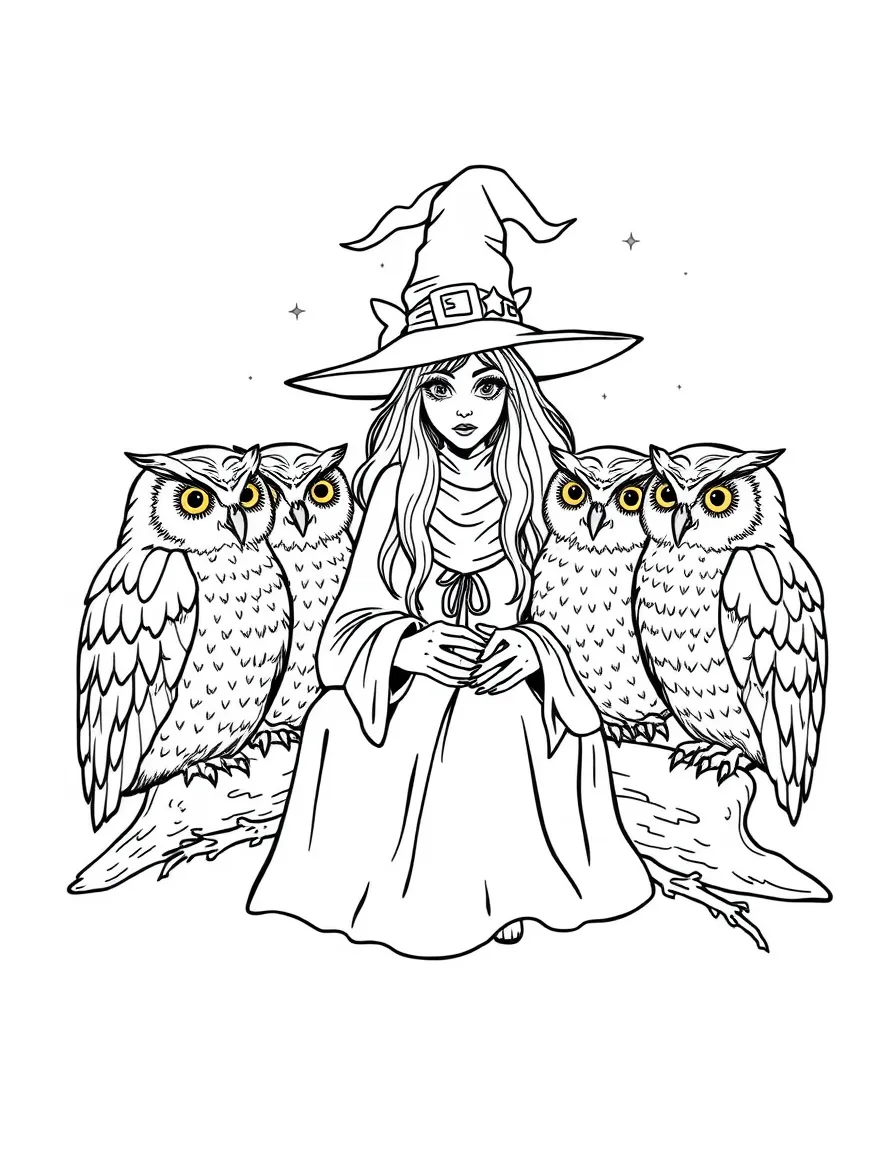 A witch consulting with a council of wise owls
