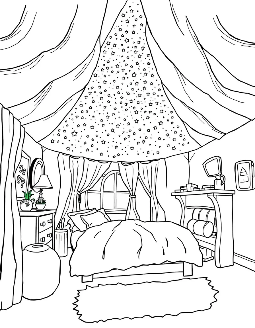 A witch's bedroom with a ceiling that shows the night sky