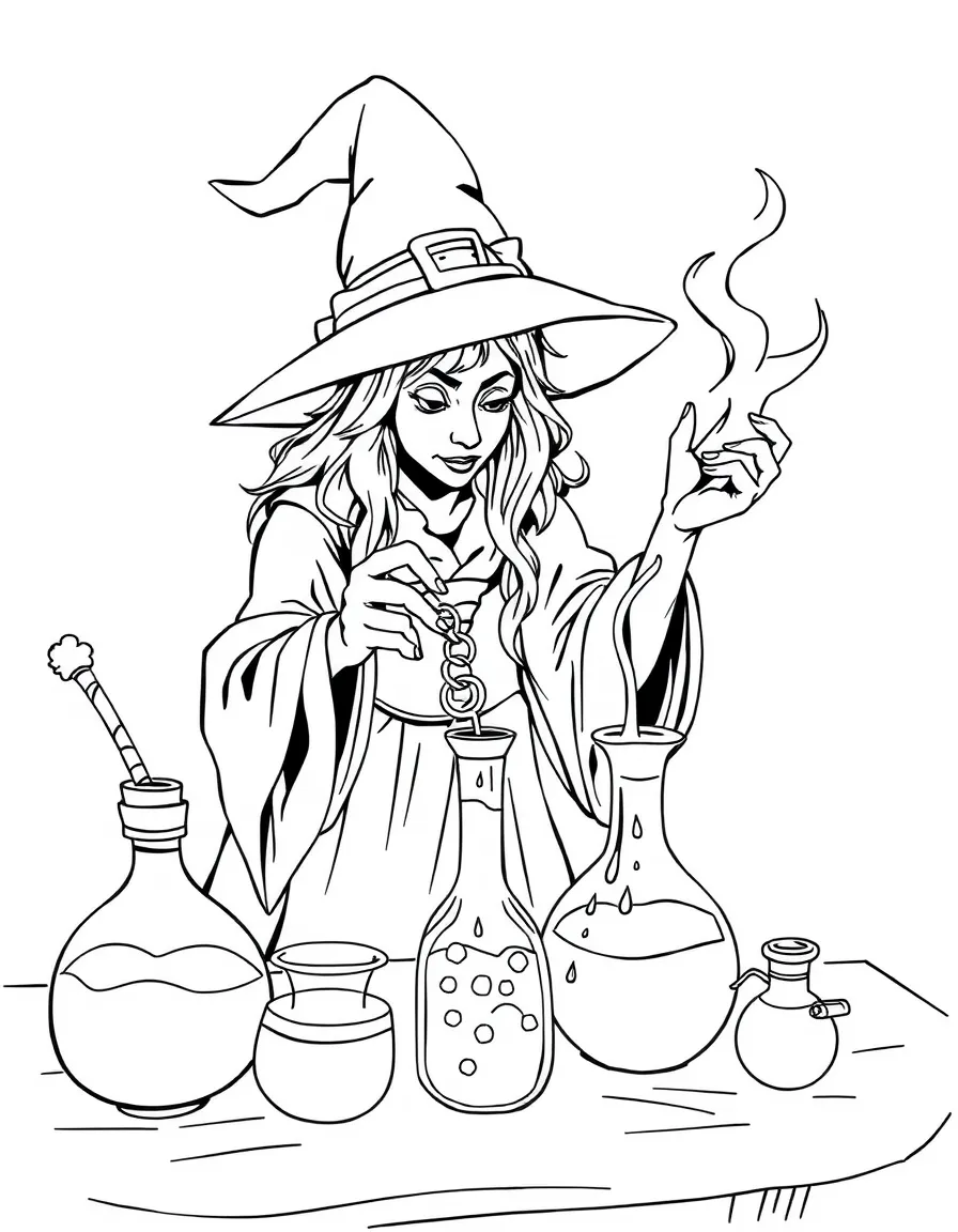 A witch conducting experiments with magical potions
