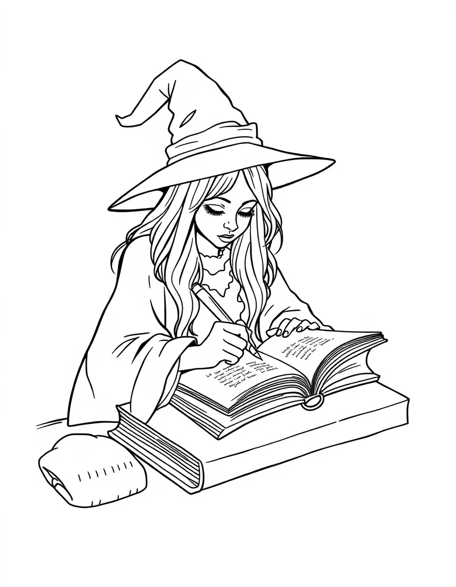 A witch writing spells in a journal with invisible ink