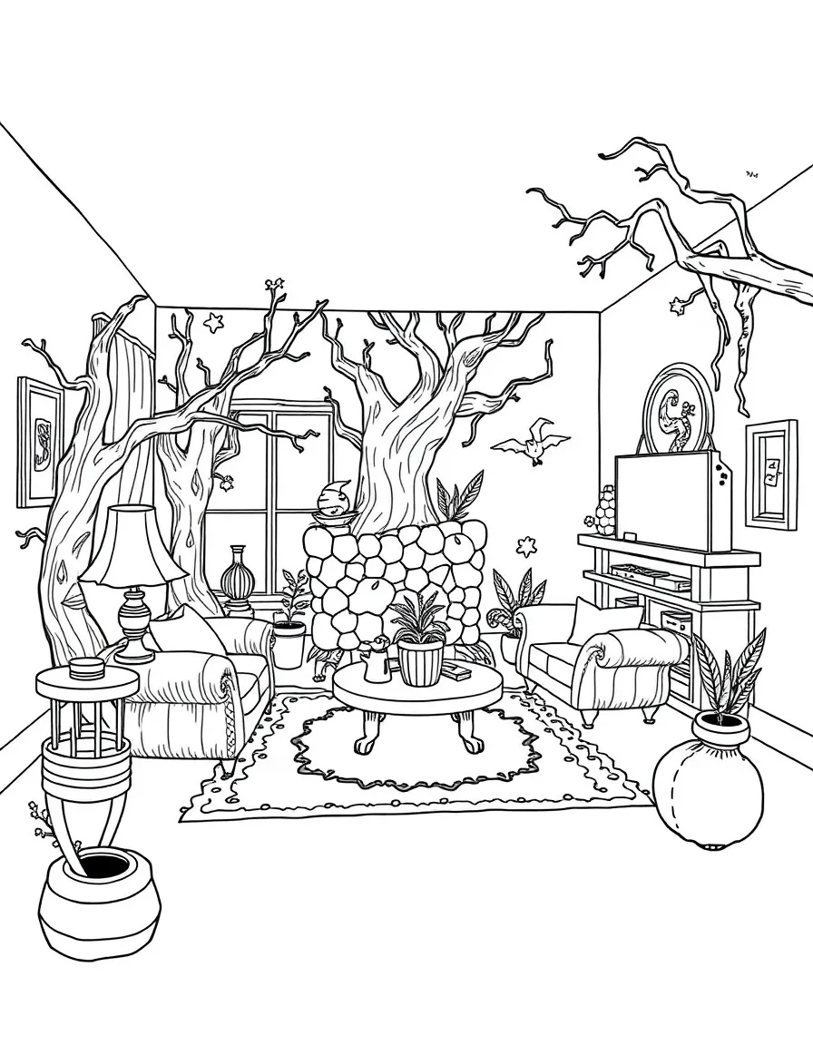 A witch's living room with furniture made from living trees