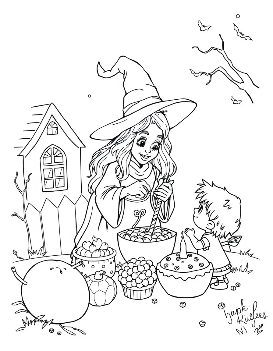 A witch creating magical treats for neighborhood children