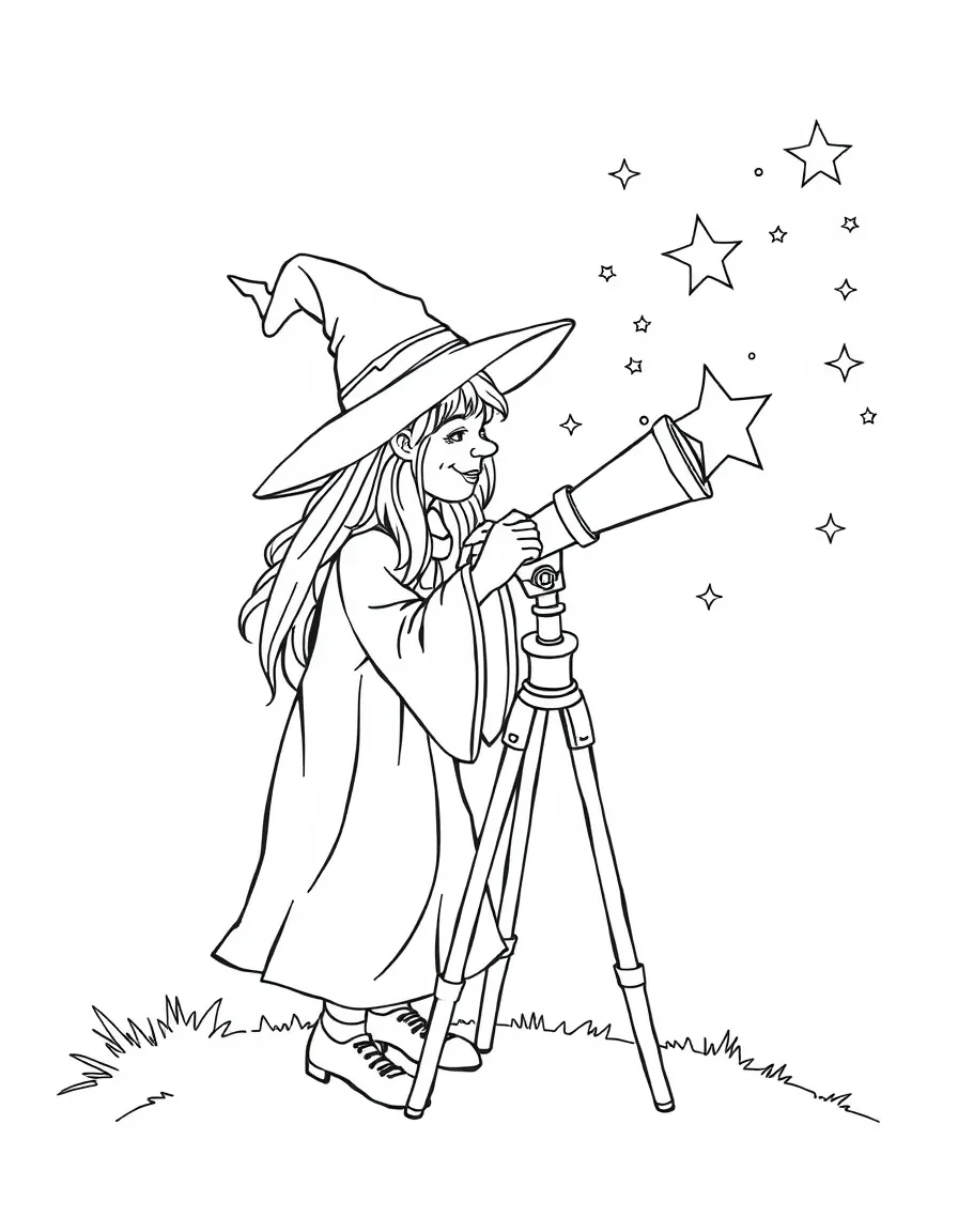 A witch studying the movement of stars through a telescope