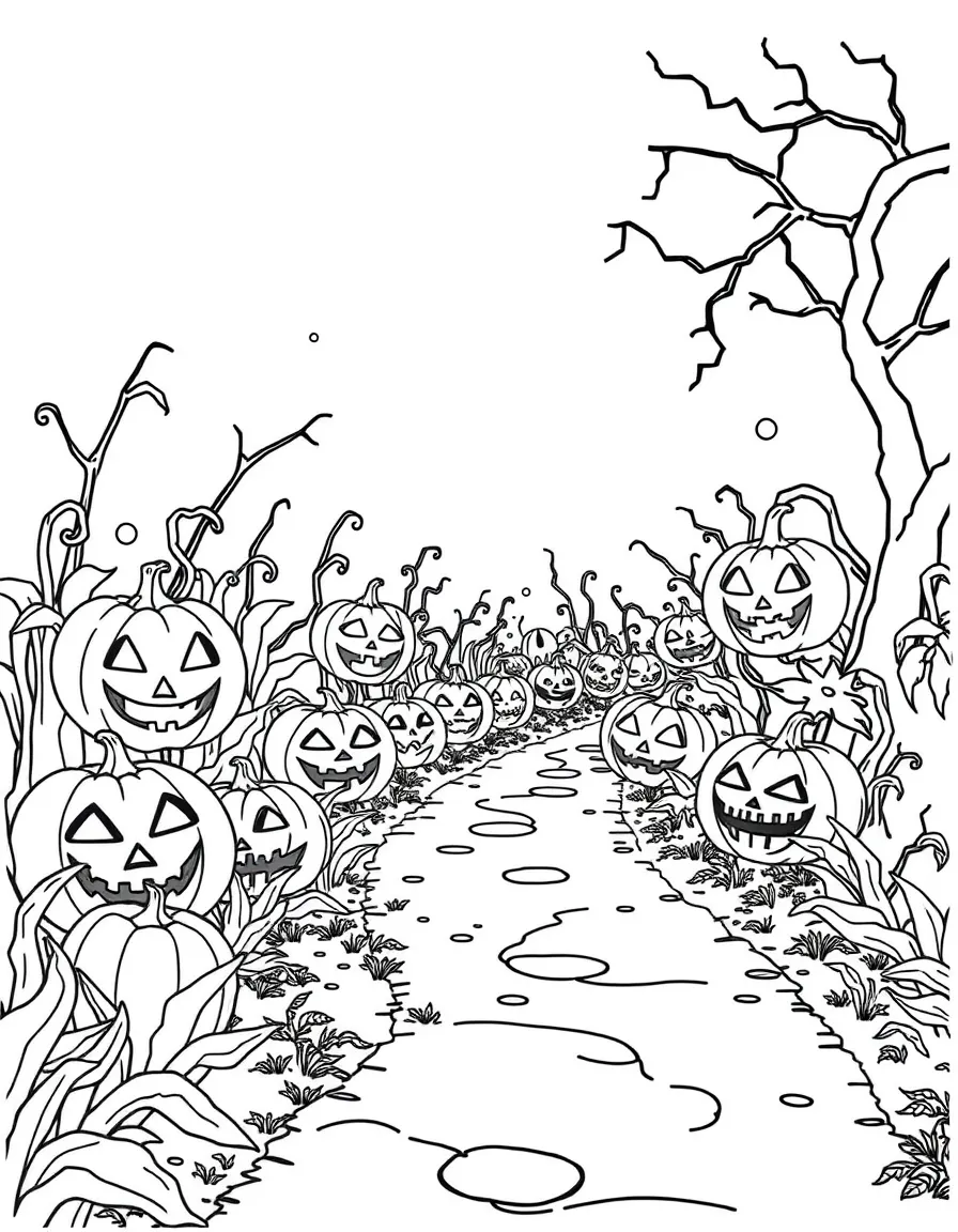A witch's garden path lined with jack-o'-lanterns