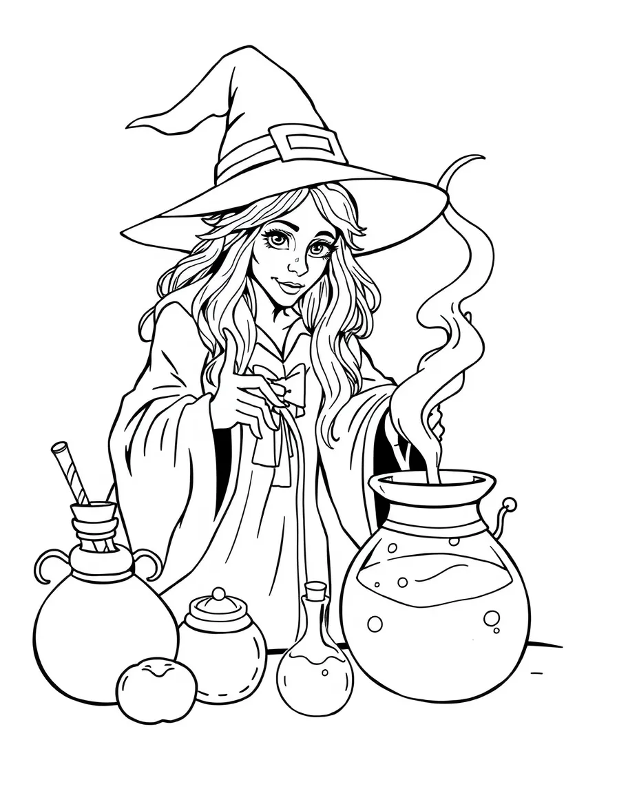 A witch brewing potions that change the drinker's appearance