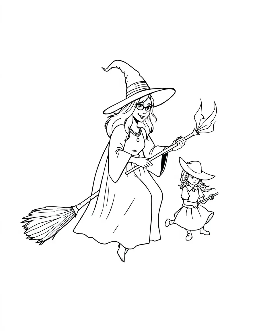 A witch teaching young witches how to fly on broomsticks