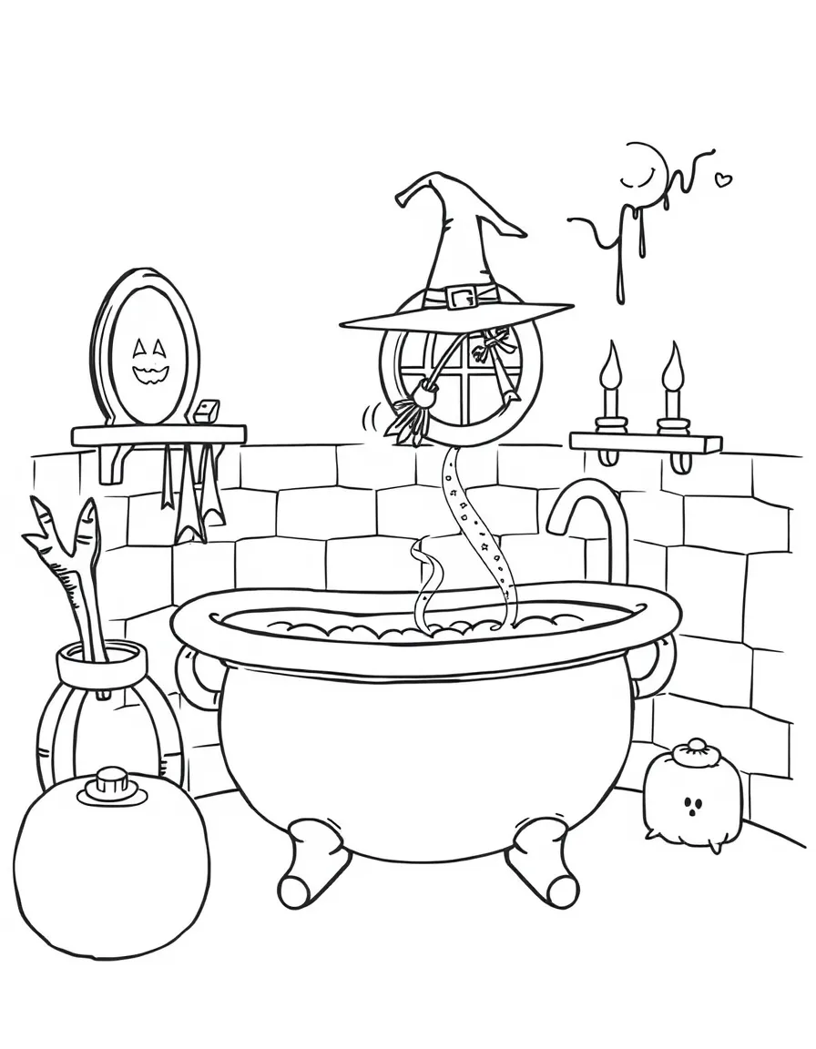 A witch's bathroom with a tub shaped like a cauldron