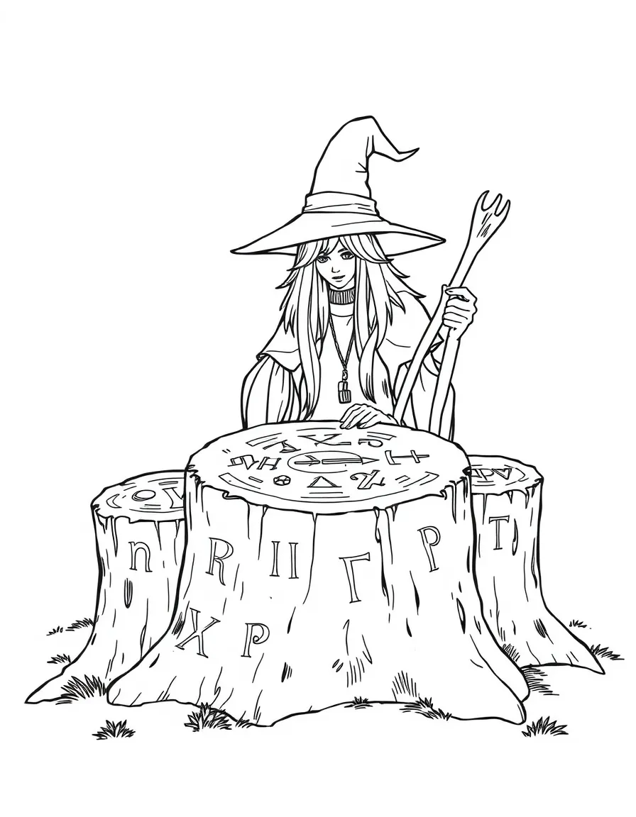 A witch consulting ancient runes carved into tree stumps