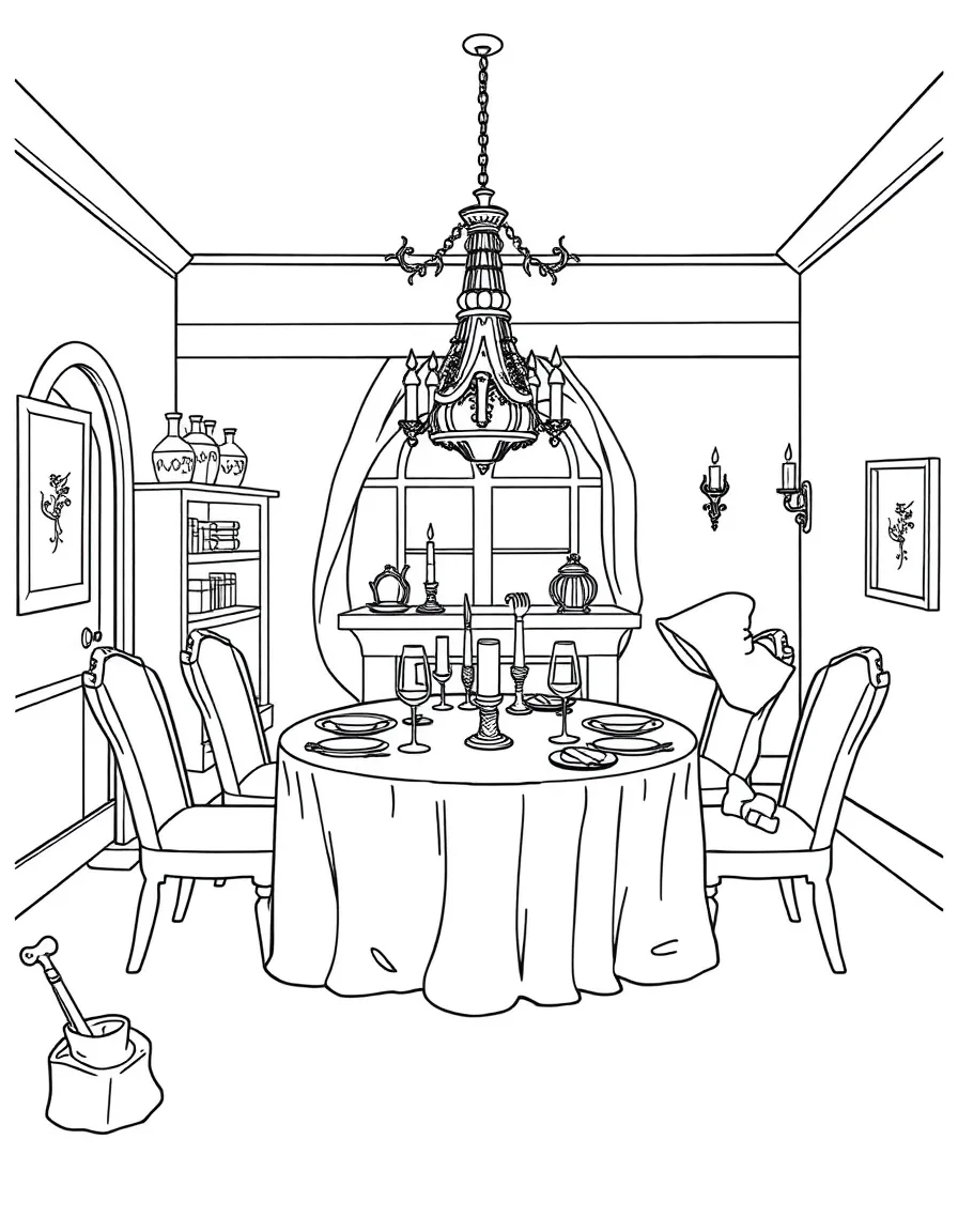 A witch's dining room with a table set for invisible guests