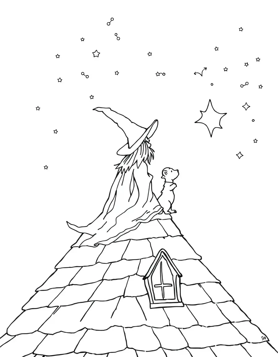 A witch stargazing on a roof with her familiar