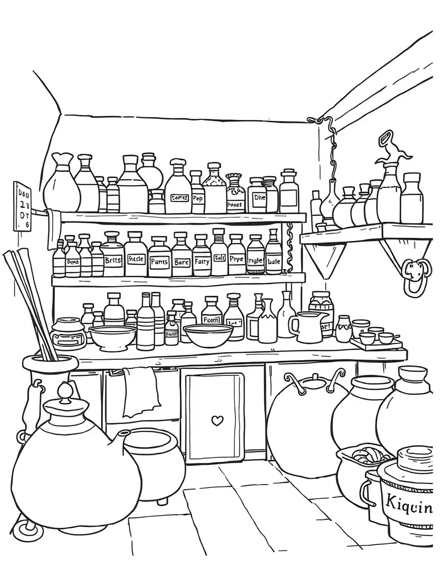 A witch's workroom with shelves of labeled ingredients