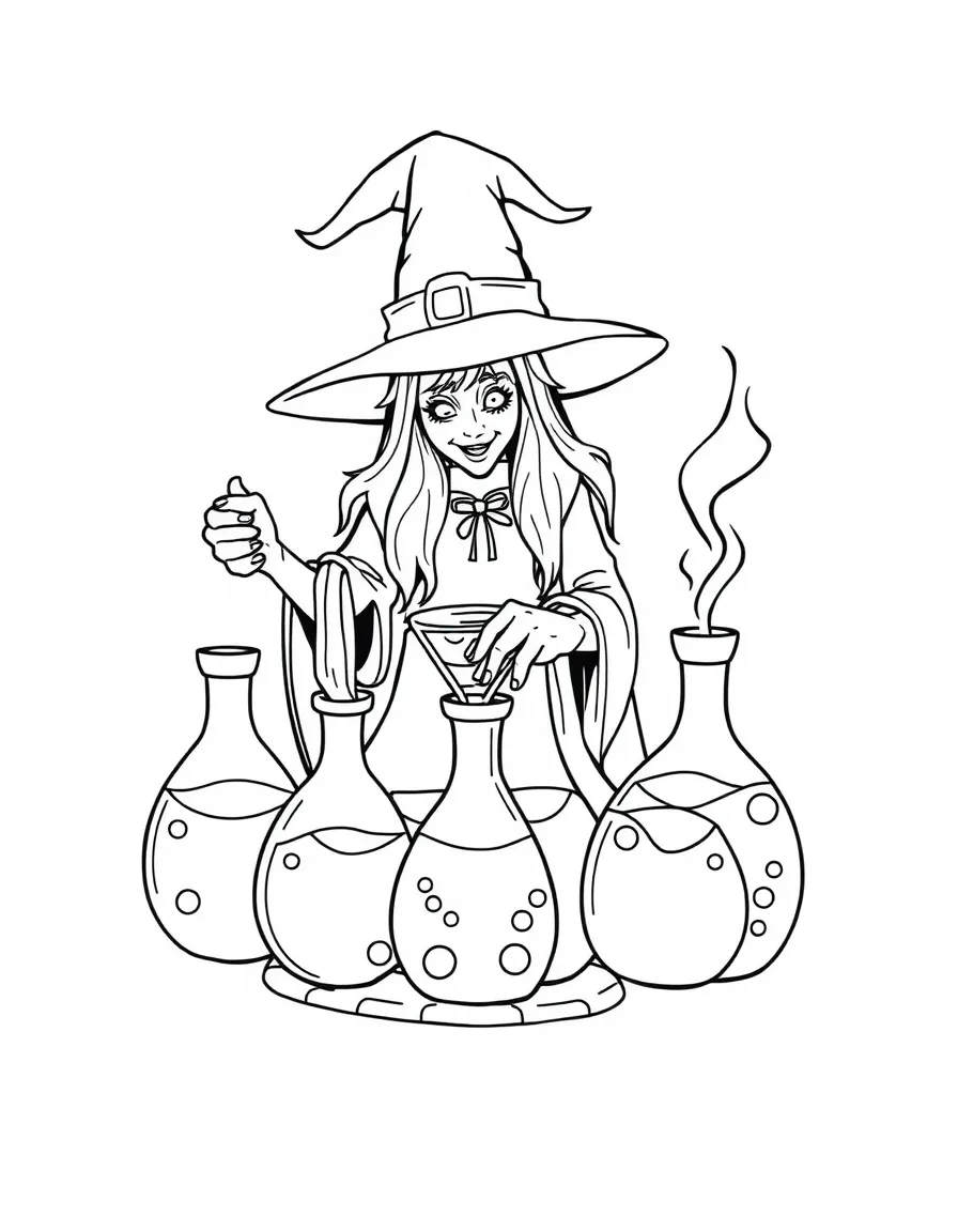 A witch brewing potions in differently shaped bottles