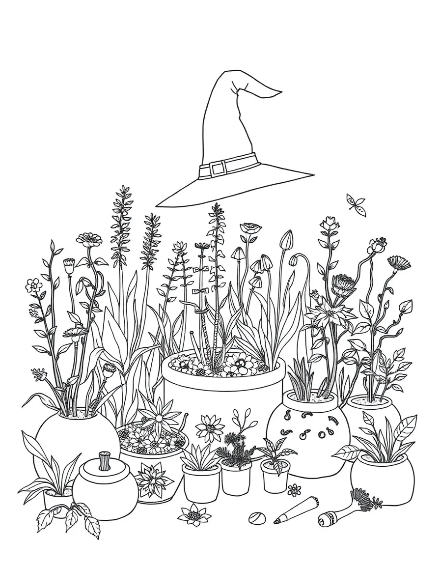 A witch's kitchen garden with plants organized by magical properties