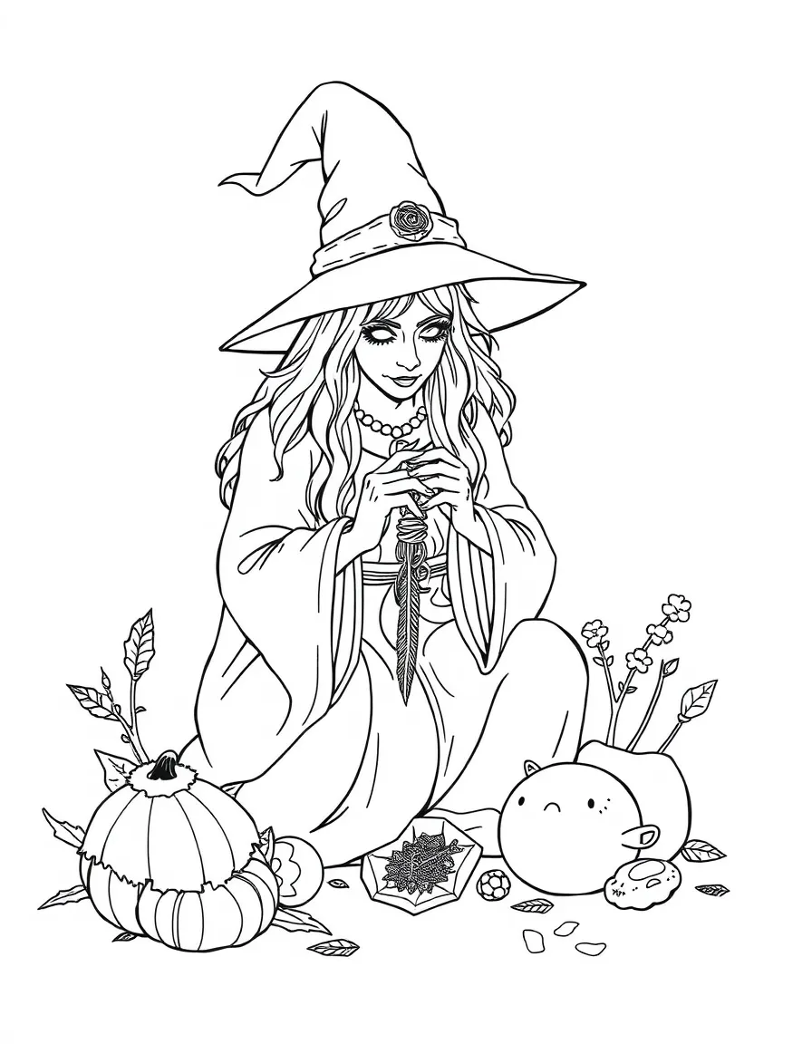 A witch creating protective charms from natural materials