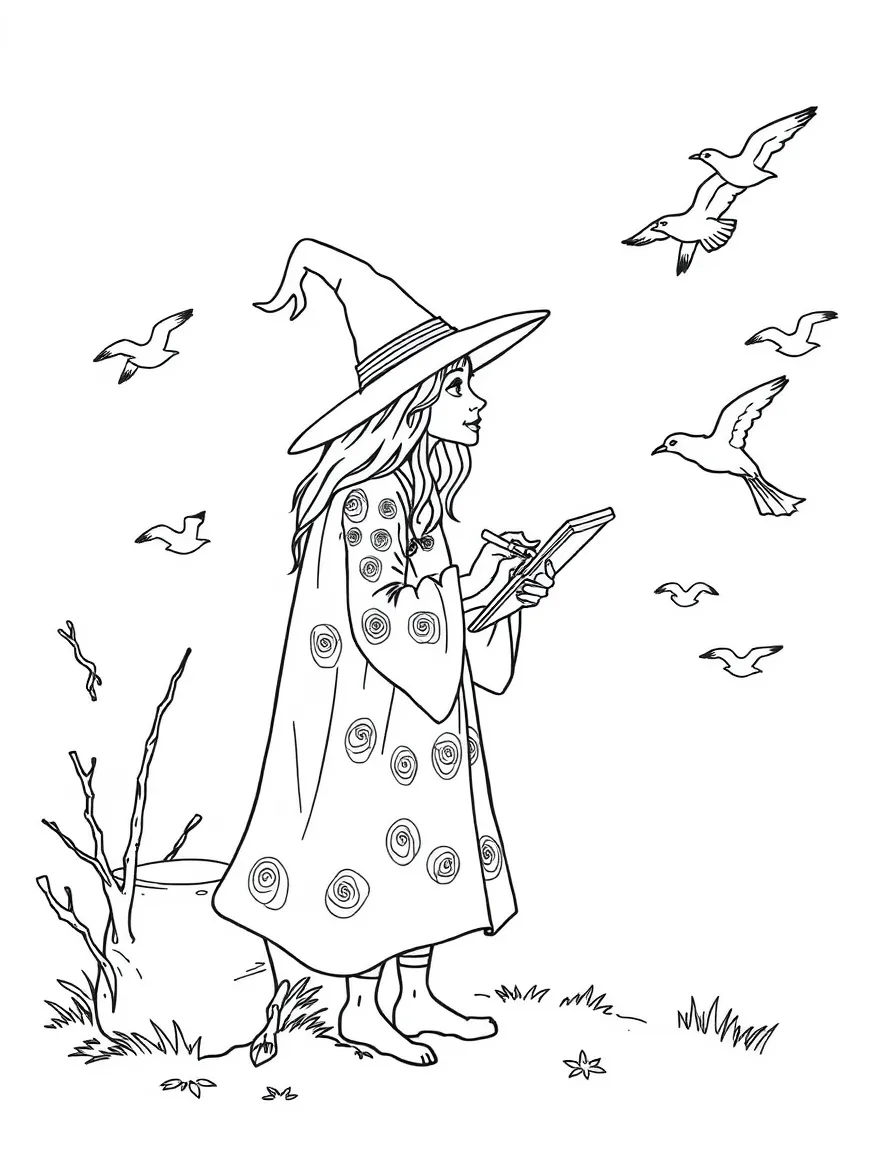 A witch studying the patterns of migrating birds