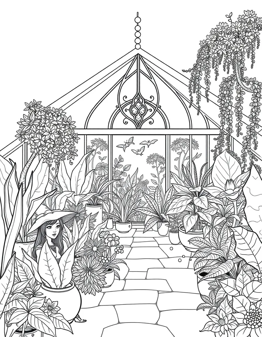 A witch's conservatory filled with rare magical plants
