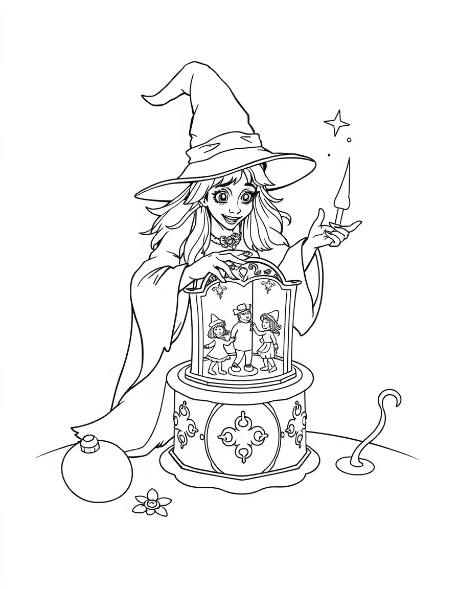 A witch creating magical music boxes with dancing figurines