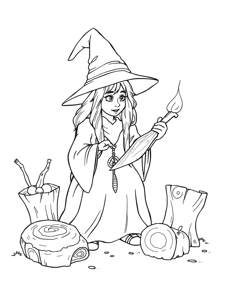 A witch studying the properties of different types of wood