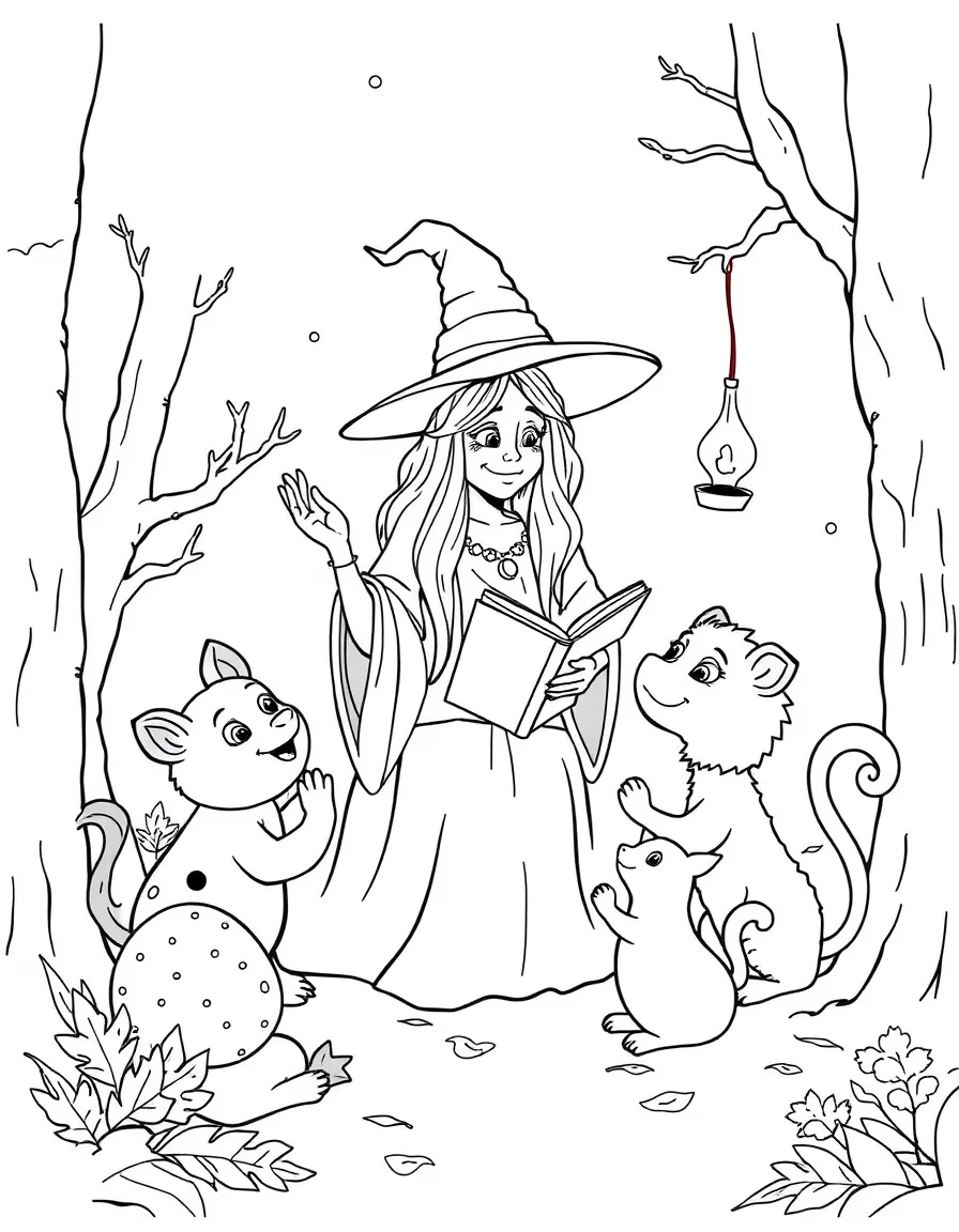 A witch teaching forest creatures to read simple spells