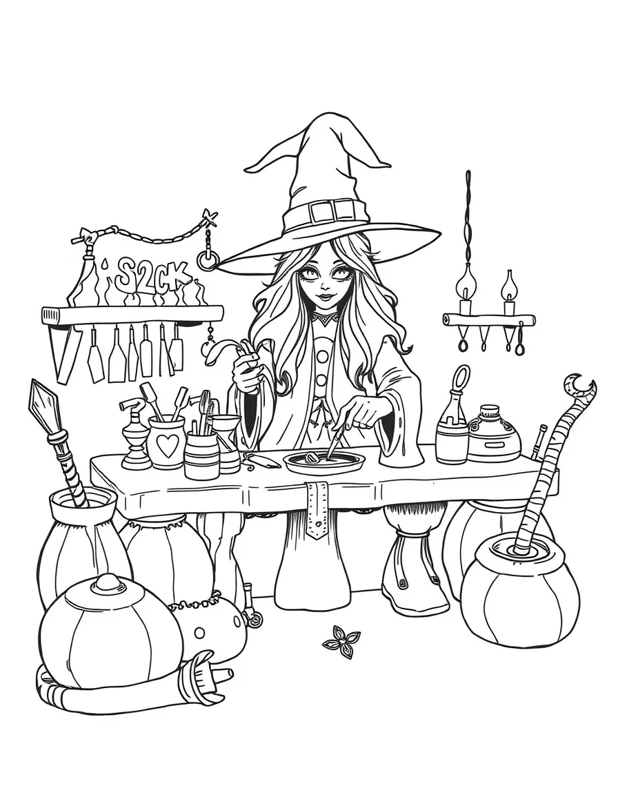 A witch's workshop with tools for crafting magical items